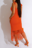 Tangerine Red Casual Solid Tassel Hollowed Out Backless Spaghetti Strap Wrapped Skirt Jurken