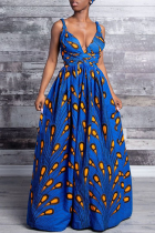 Blauwe vintage print patchwork rugloze V-hals A-lijn jurken