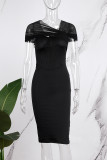 Black Street Solid Patchwork Mesh asymmetrisk krage omslagna kjolklänningar