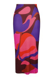 Rose-Rot-Blau-Promis-Print-Patchwork-Hose mit hohem Bund und Bleistift-Volldruck