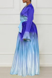 Голубой сексуальный уличный постепенный переход в стиле пэчворк с уздечкой и воротником-рубашкой с длинным рукавом из двух частей