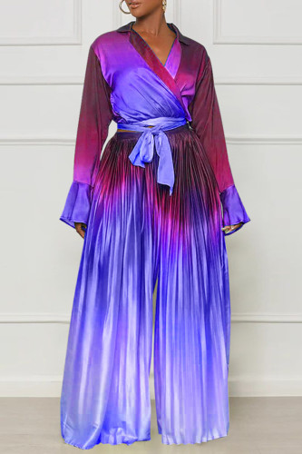 Blue Purple Sexy Street Gradual Change Patchwork Frenulum Shirt Collar Long Sleeve Two Pieces