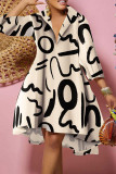 Grijze casual print patchwork turndown kraag A-lijn jurken