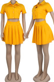 Yellow Sexy Solid Patchwork Buckle Fold Turndown Collar Short Sleeve Two Pieces(Not Contain A Chatelaine)