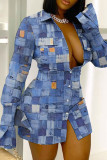 Robes chemise bleues sexy imprimées patchwork avec boucle et col rabattu