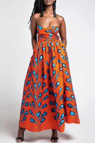 Tangerine Red Vintage Print Patchwork Backless V Neck A Line Dresses