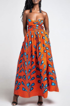 Mandarijnrode vintage print patchwork rugloze V-hals A-lijn jurken