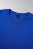 Königsblaue, lässige Vintage-Print-Patchwork-T-Shirts mit O-Ausschnitt
