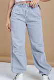 Lichtblauwe casual effen patchwork losse denim jeans met trekkoord en lage taille