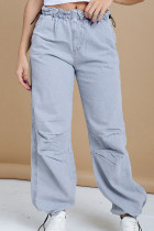 Light Blue Casual Solid Patchwork Draw String Low Waist Loose Denim Jeans