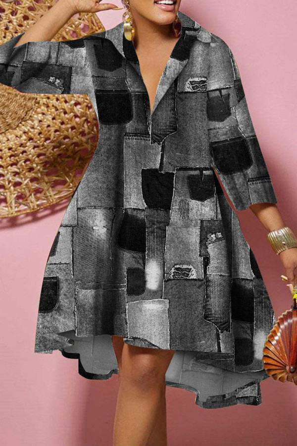 Grijze casual print patchwork turndown kraag A-lijn jurken