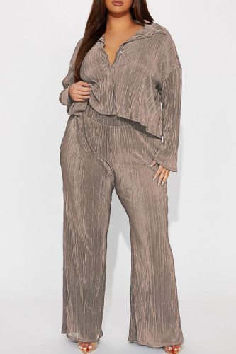 Brownness Casual Solid Patchwork Turndown Collar Long Sleeve Two Pieces