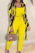 Yellow Casual Print Patchwork Frenulum O Neck Long Sleeve Three Pieces