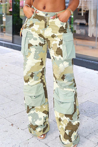 Verde claro rua camuflagem impressão retalhos bolso regular cintura alta reta impressão completa bottoms
