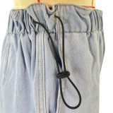 Azul profundo casual sólido retalhos cordão cordão cintura baixa jeans solto