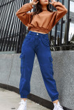 Azul claro casual sólido patchwork bolso botões zíper cintura baixa jeans solto