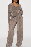 Brownness Casual Solid Patchwork Turndown Collar Long Sleeve Two Pieces