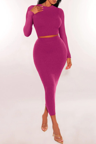 Rose Red Casual Solid Basic O Neck Long Sleeve Two Pieces