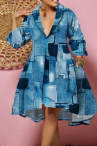 Blauwe casual print patchwork turndown kraag A-lijn jurken