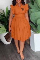 オレンジ カジュアル プリント レター ターンダウン カラー ウエスト スカート ドレス
