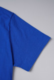 Koningsblauw casual vintage print patchwork T-shirts met ronde hals
