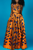 Orangefarbenes Patchwork-Kleid in A-Linie mit rückenfreiem V-Ausschnitt und Vintage-Print