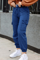 Tiefblaue, lässige, solide Patchwork-Taschenknöpfe, Reißverschluss, niedrige Taille, lockere Denim-Jeans
