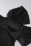 Vestidos de saia rodada de gola assimétrica de malha de patchwork preto Street sólido