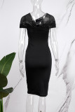 ブラック ストリート ソリッド パッチワーク メッシュ 非対称襟 ラップ スカート ドレス