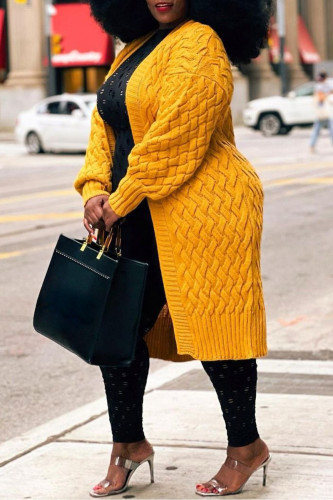 Amarelo Casual Diário Elegante Cardigan Cor Sólida Cardigan Collar Plus Size