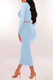 Blue Casual Solid Basic O Neck Long Sleeve Two Pieces