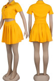 Yellow Sexy Solid Patchwork Buckle Fold Turndown Collar Short Sleeve Two Pieces(Not Contain A Chatelaine)