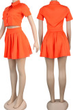 Tangerine Red Sexy Solid Patchwork Buckle Fold Turndown Collar Short Sleeve Two Pieces(Not Contain A Chatelaine)