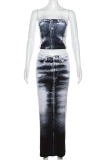Grey Street Print Patchwork Buckle Backless Slit Strapless Sleeveless Two Pieces