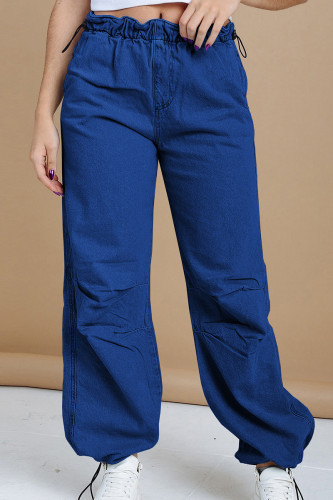 Azul profundo casual sólido retalhos cordão cordão cintura baixa jeans solto