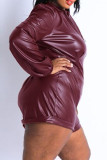 Burgundy Casual Solid Patchwork Half A Turtleneck Plus Size Romper