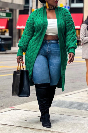 Green Casual Daily Elegant Cardigan Solid Color Cardigan Collar Plus Size