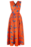 Orange Vintage Print Patchwork Backless V Neck A Line Dresses