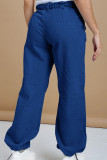 Azul claro casual sólido retalhos cordão cordão cintura baixa jeans solto