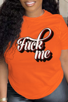 Orange Casual Daily Print Letter O Neck T-Shirts