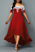 レッド カジュアル 刺繍 パッチワーク オフショルダー イレギュラー ドレス ドレス