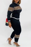 Black Casual Print Leopard Patchwork O Neck Long Sleeve Two Pieces