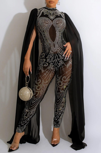 Black Elegant Solid Patchwork Mesh Hot Drill Half A Turtleneck Skinny Jumpsuits