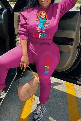 Rose Red Casual Print Letter O Neck Langarm Zweiteiler
