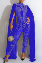 Blauwe elegante effen patchwork mesh hot-boor halve col skinny jumpsuits
