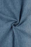 Himmelblaue, lässige, solide Patchwork-Jeansjacke mit Umlegekragen, langen Ärmeln und normaler Passform