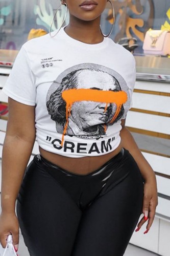 White Casual Print Basic O Neck T-Shirts