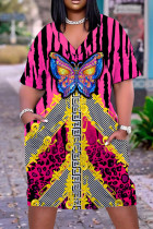 Rozerode casual print patchwork jurk met V-hals en korte mouwen