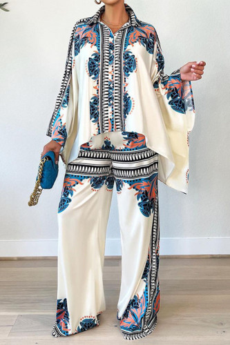 Blue Elegant Print Patchwork Buckle Turndown Collar Long Sleeve Two Pieces