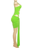 Benda solida verde da strada sexy scavata con cinturino per spaghetti patchwork senza maniche in due pezzi
